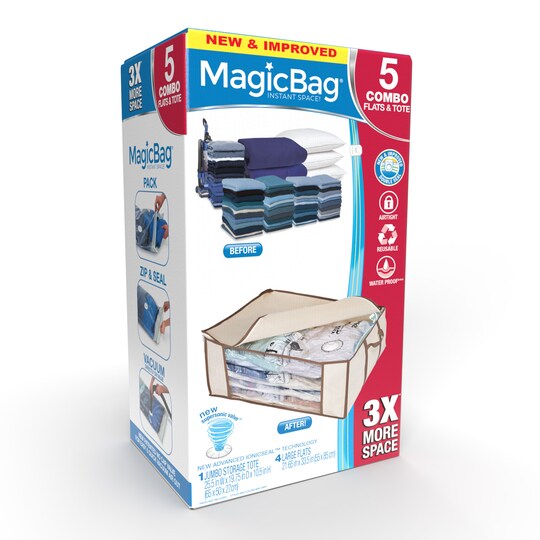 Smart Design MagicBag Instant Space Saver Storage - 1 Jumbo Tote with 4 Large Flat Compression Bags